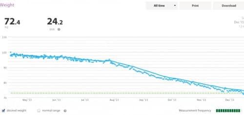 Weight loss progress: Steady decline with fluctuating metrics over 8 months.