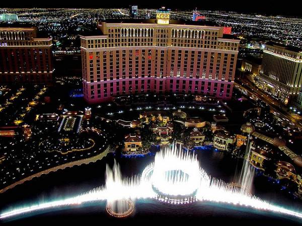 Captivating night view of the iconic Bellagio Hotel and Casino in Las Vegas.